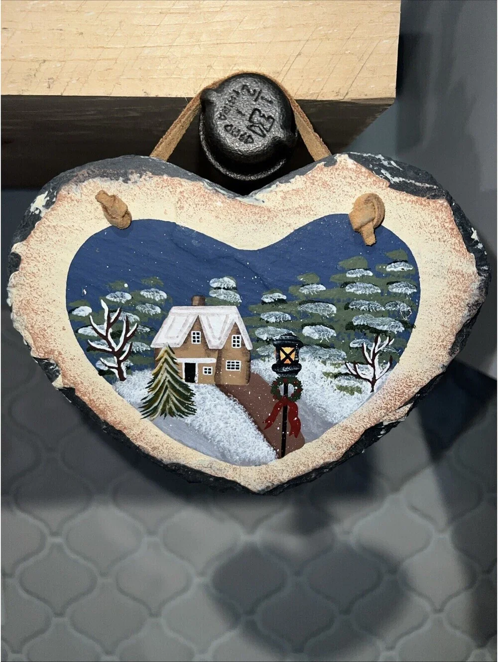 Heart Shaped Slate Wall Hanging Piece Painted W/Winter Scene House, Tree, Wreath